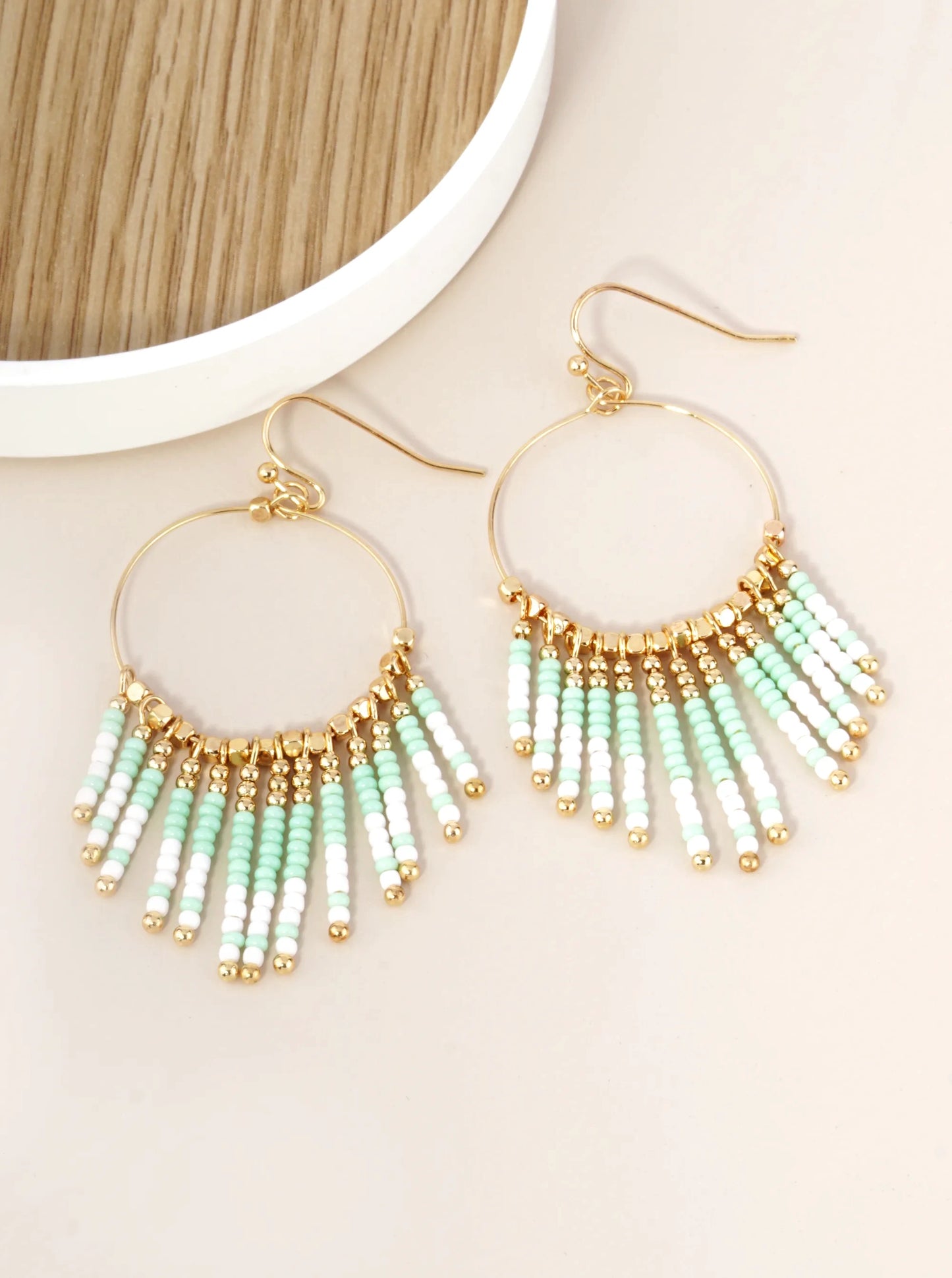 Seed Beaded Fringe Drop Wire Circle Dangle Drop Earrings