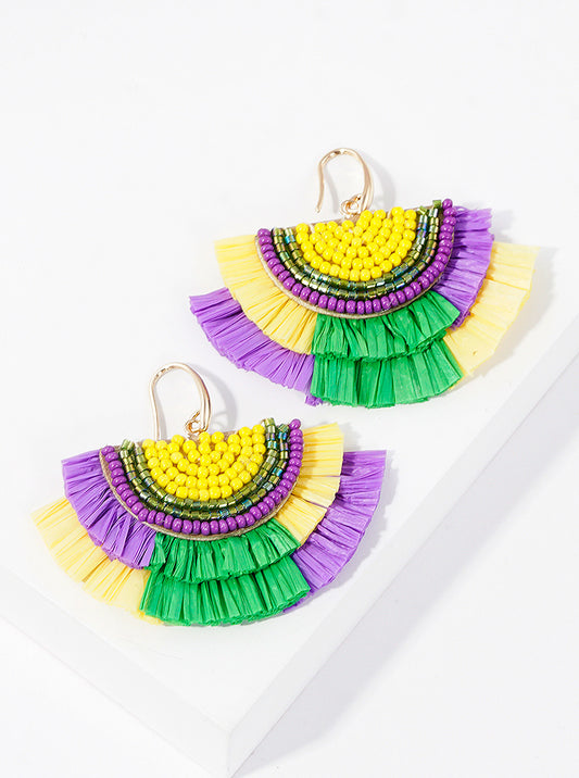 Seed Beaded Half Circle Mardi Gras Fringe Drop Earrings