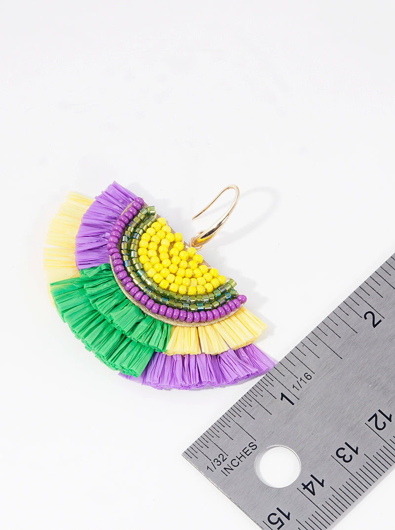Seed Beaded Half Circle Mardi Gras Fringe Drop Earrings