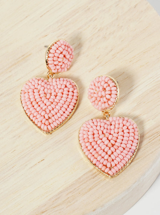 Seed Beaded Heart Drop Dangle Post Earrings
