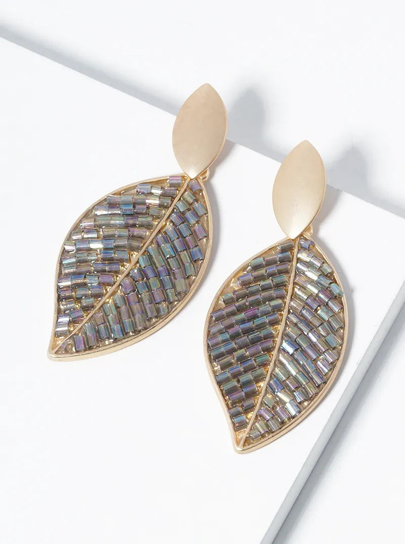 Seed Beaded Leaves Drop Dangle Post Earrings