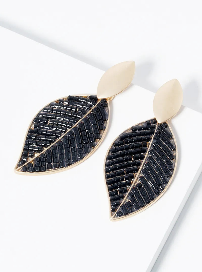 Seed Beaded Leaves Drop Dangle Post Earrings