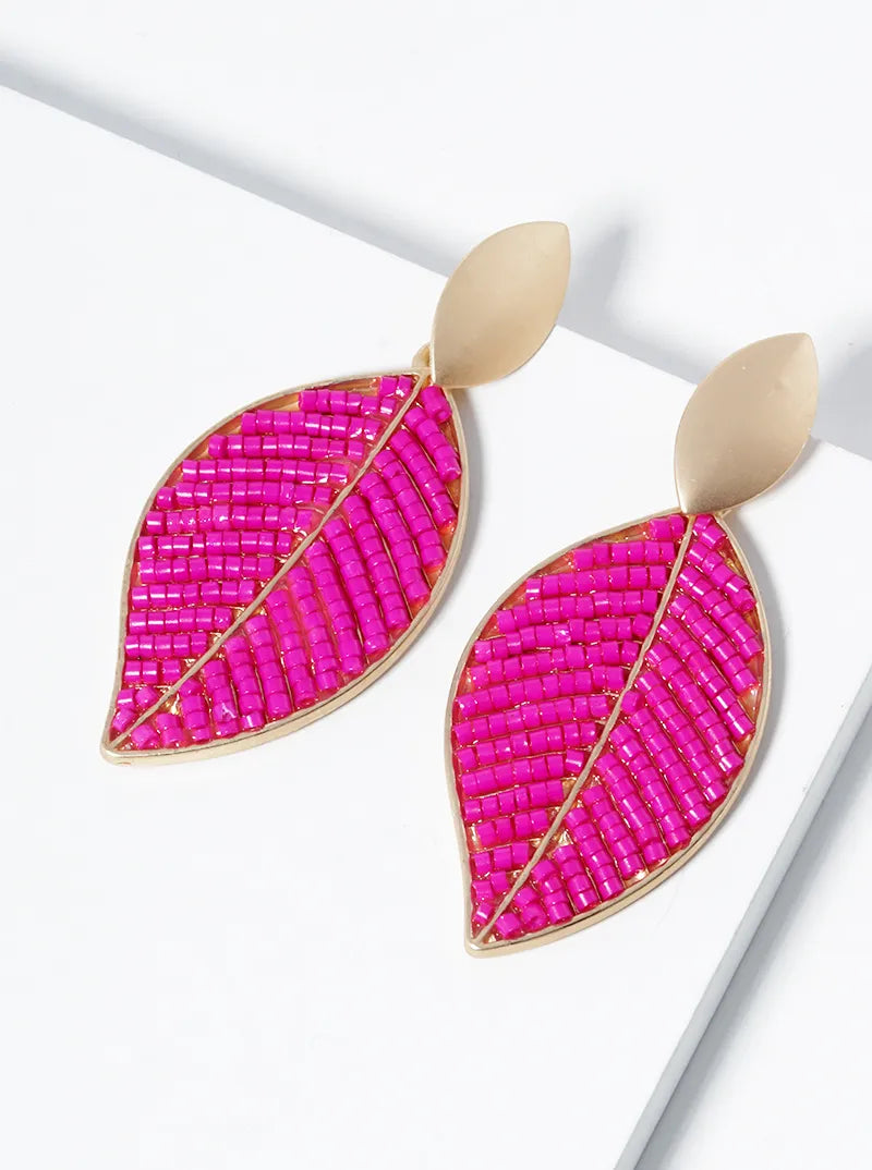 Seed Beaded Leaves Drop Dangle Post Earrings