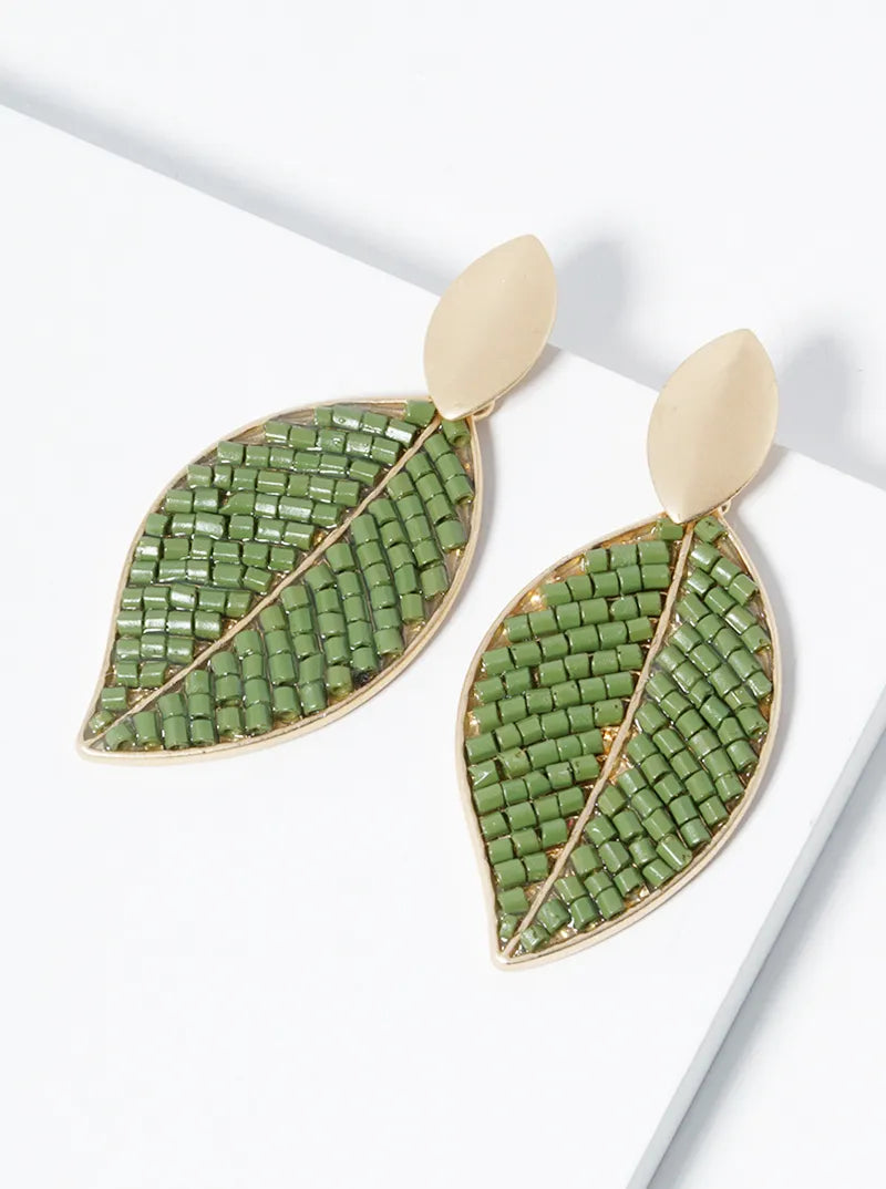 Seed Beaded Leaves Drop Dangle Post Earrings