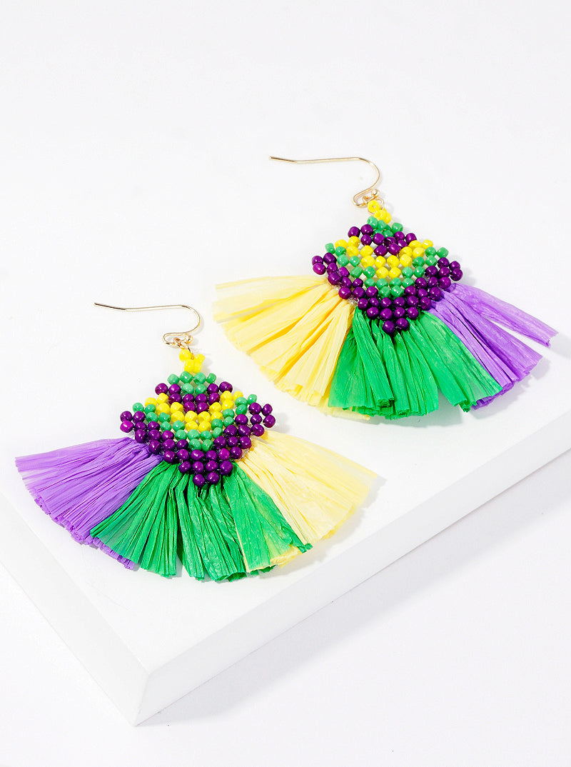 Seed Beaded Mardi Gras Geometric Fan Shape Dangle Earrings