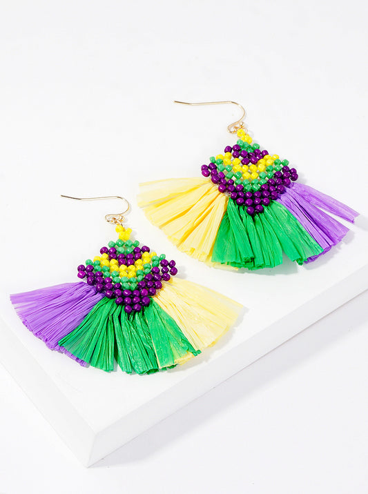 Seed Beaded Mardi Gras Geometric Fan Shape Dangle Earrings