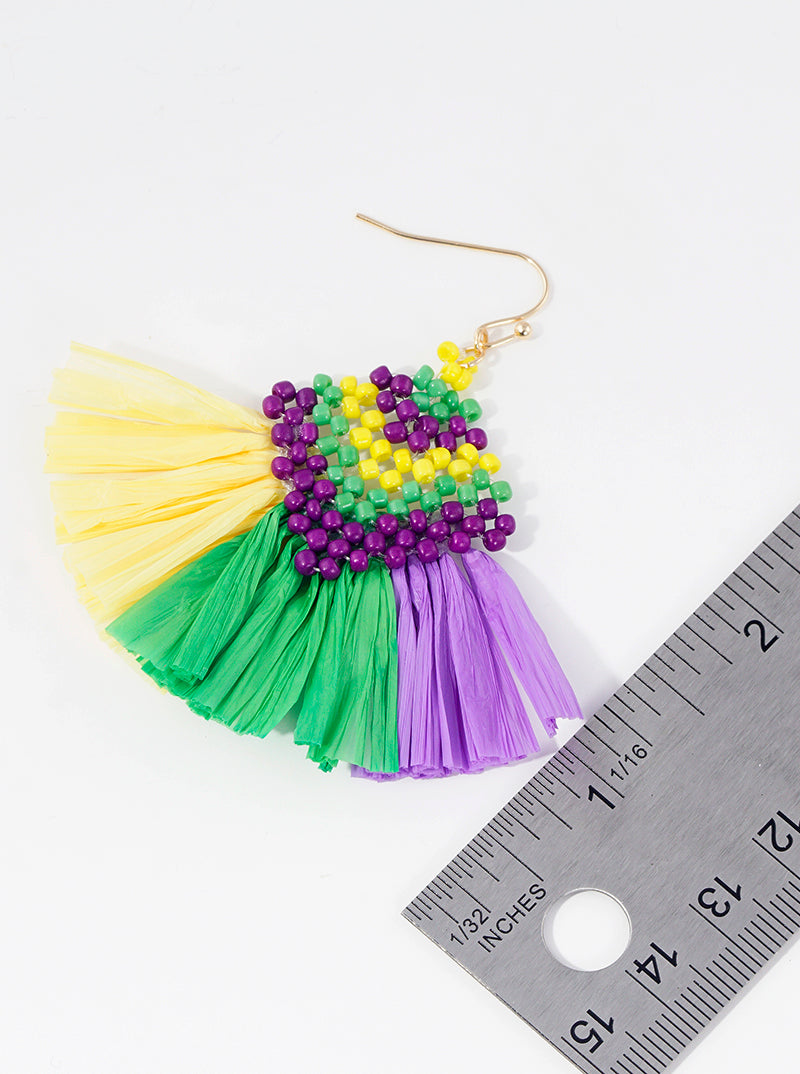 Seed Beaded Mardi Gras Geometric Fan Shape Dangle Earrings