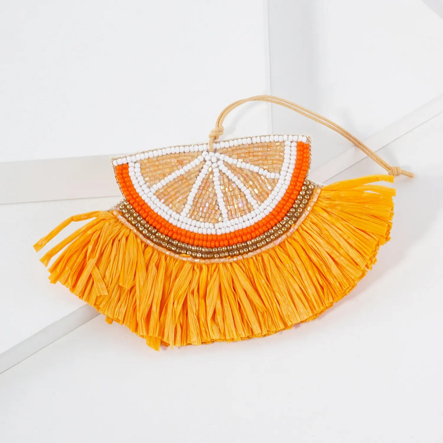 Seed-Beaded Raffia Fan Tassel Orange Ornament