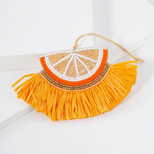 Seed-Beaded Raffia Fan Tassel Orange Ornament