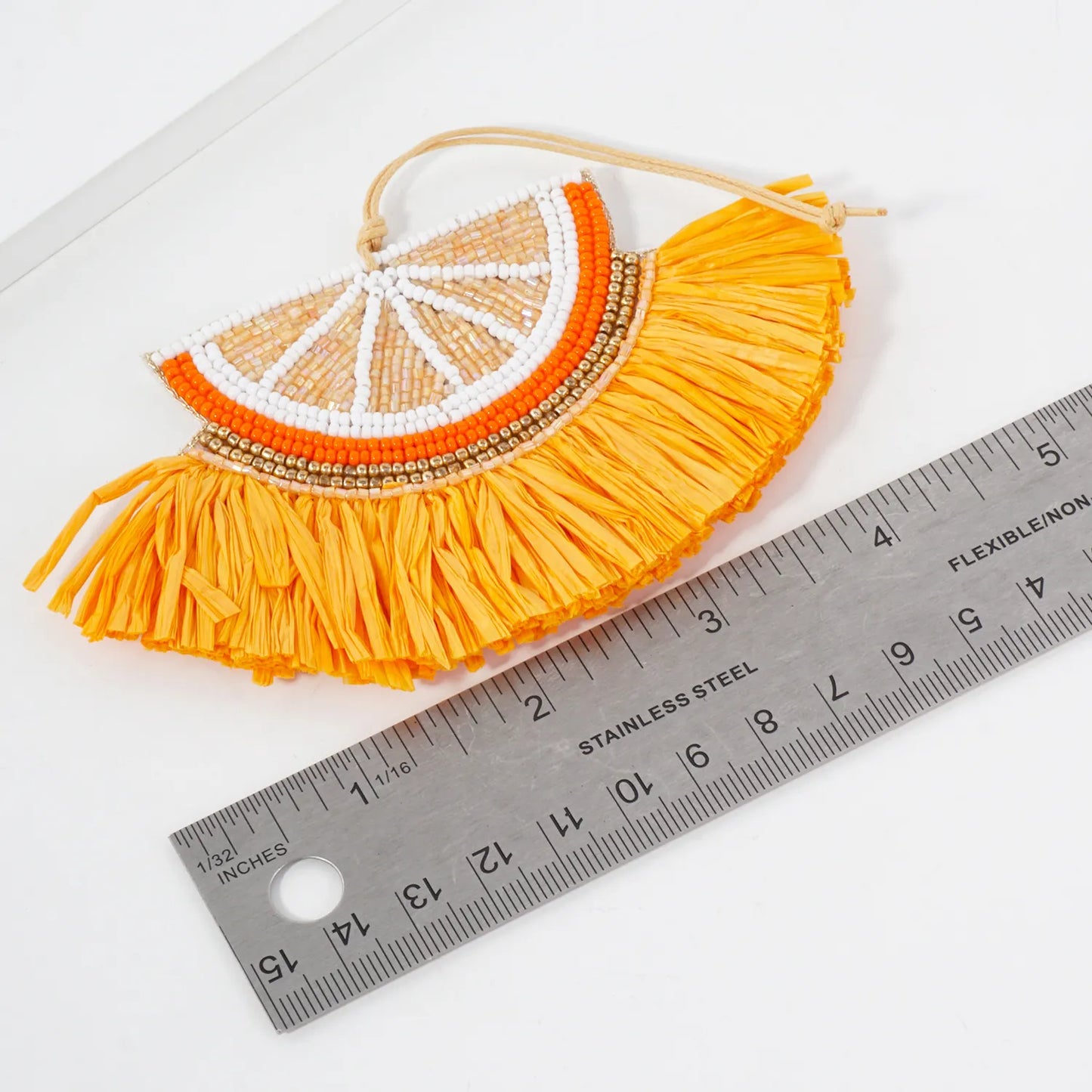 Seed-Beaded Raffia Fan Tassel Orange Ornament