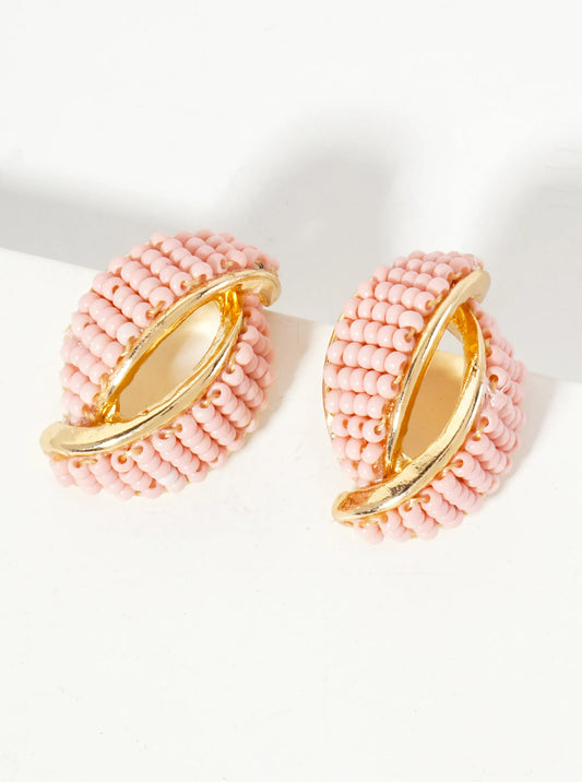 Seed-Beaded Two Overlapping Marquise Shapes Stud Earrings
