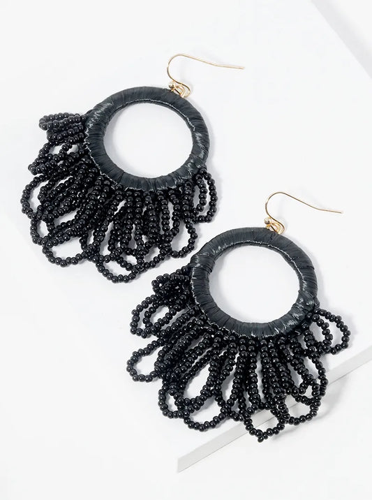 Seed Beads Drop Raffia Wrapped Circle Dangle Statement Earrings