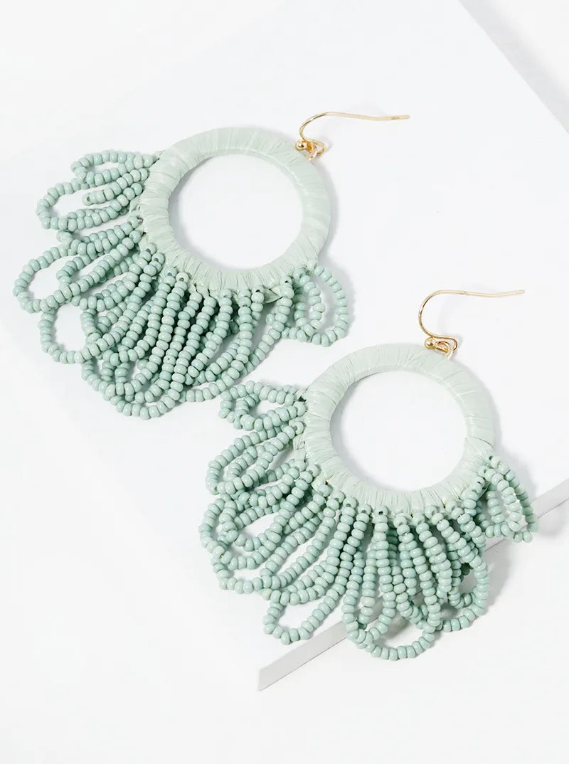 Seed Beads Drop Raffia Wrapped Circle Dangle Statement Earrings