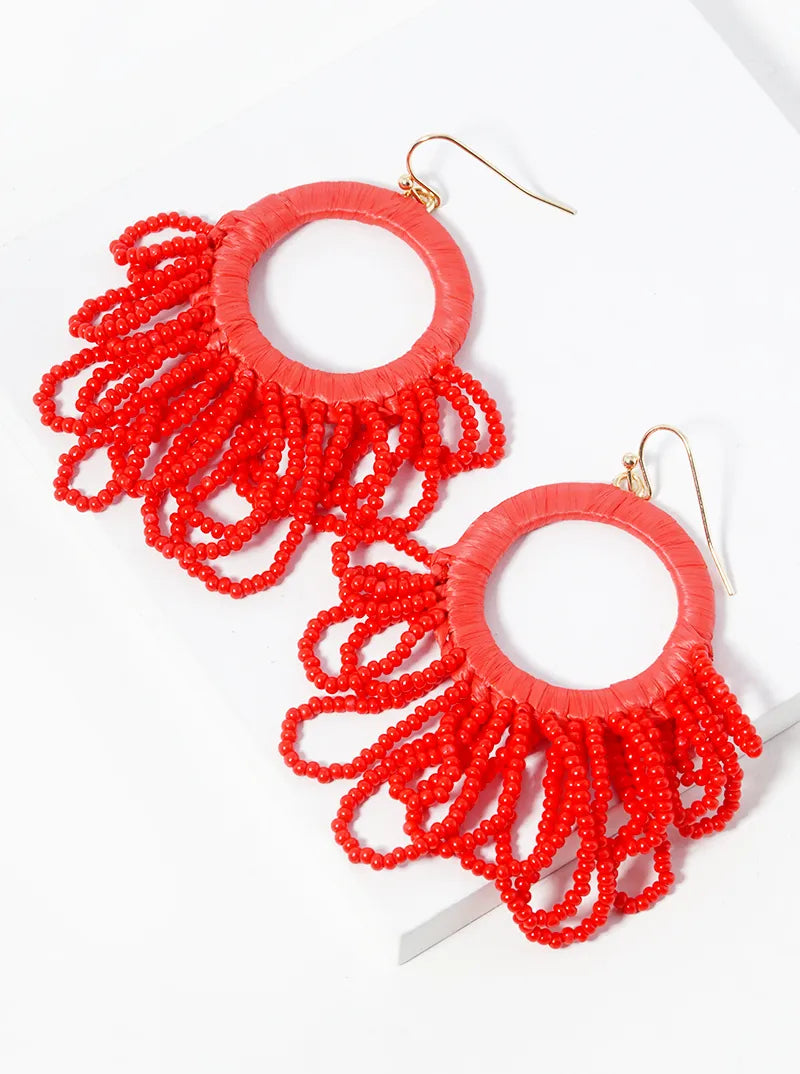 Seed Beads Drop Raffia Wrapped Circle Dangle Statement Earrings