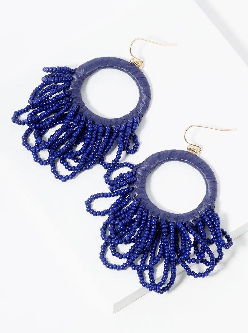 Seed Beads Drop Raffia Wrapped Circle Dangle Statement Earrings