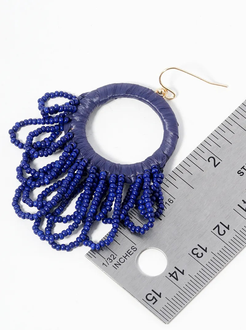 Seed Beads Drop Raffia Wrapped Circle Dangle Statement Earrings