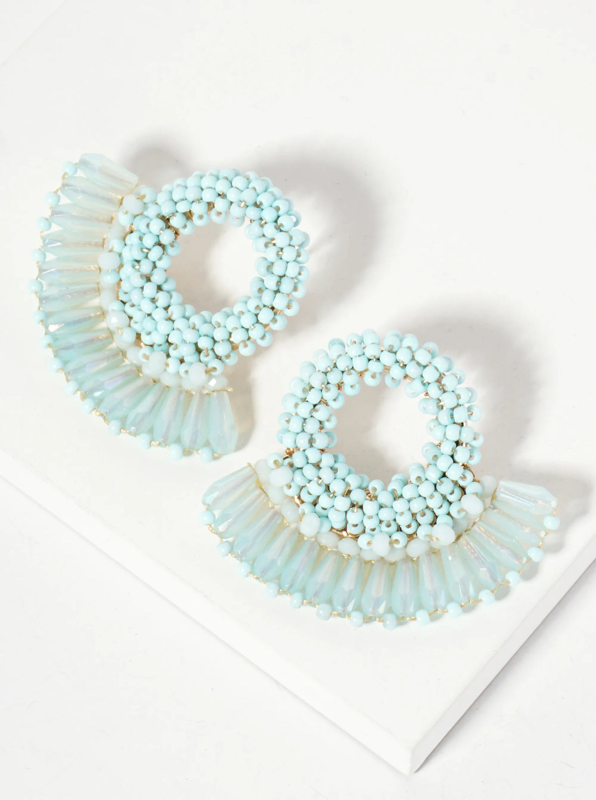 Seed Beads Wire-Wrapped Circle With Angular Beads Fringe Earrings