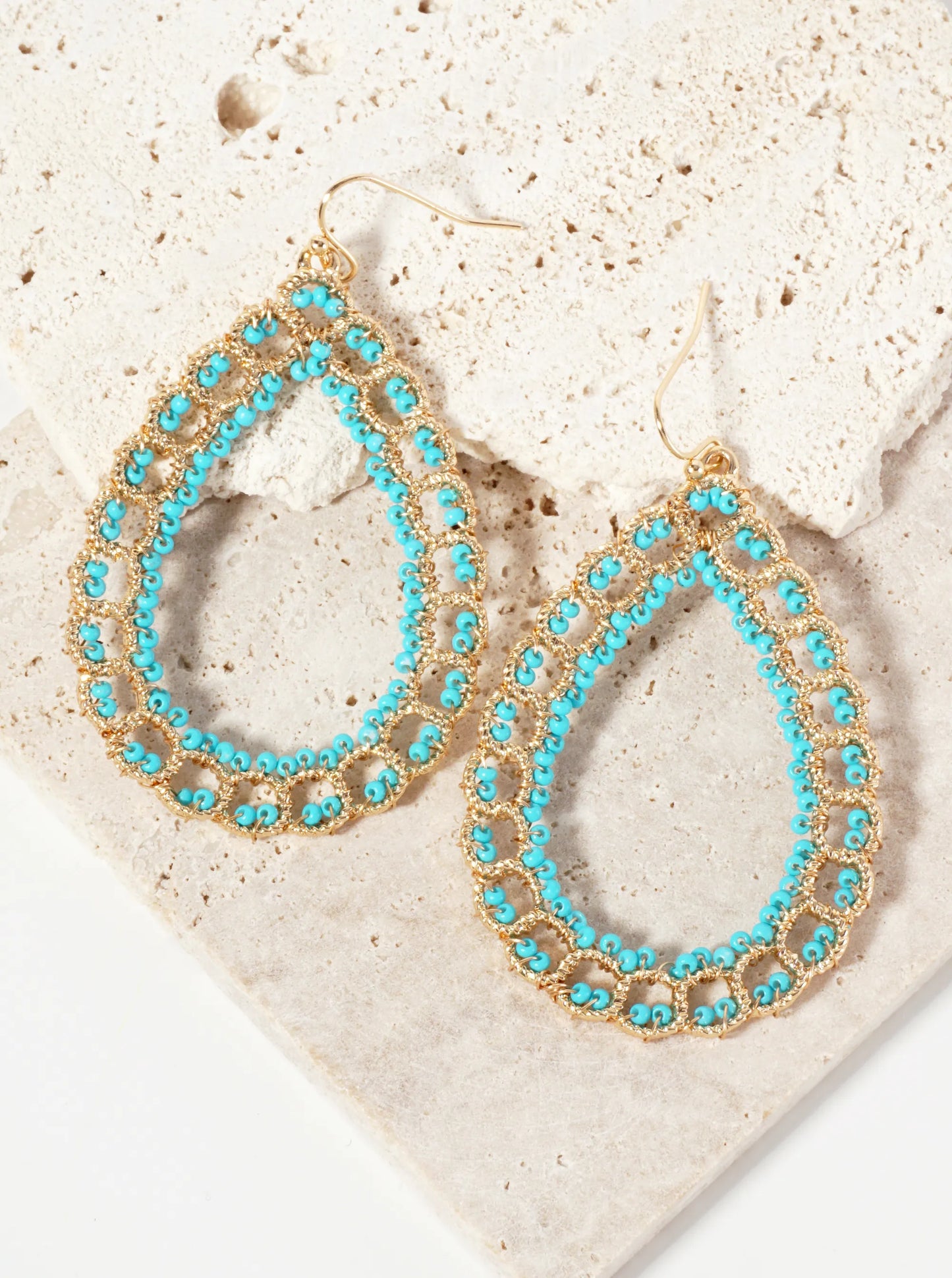 Seed-Beads Wire-Wrapped Teardrop-Shaped Dangle Earrings
