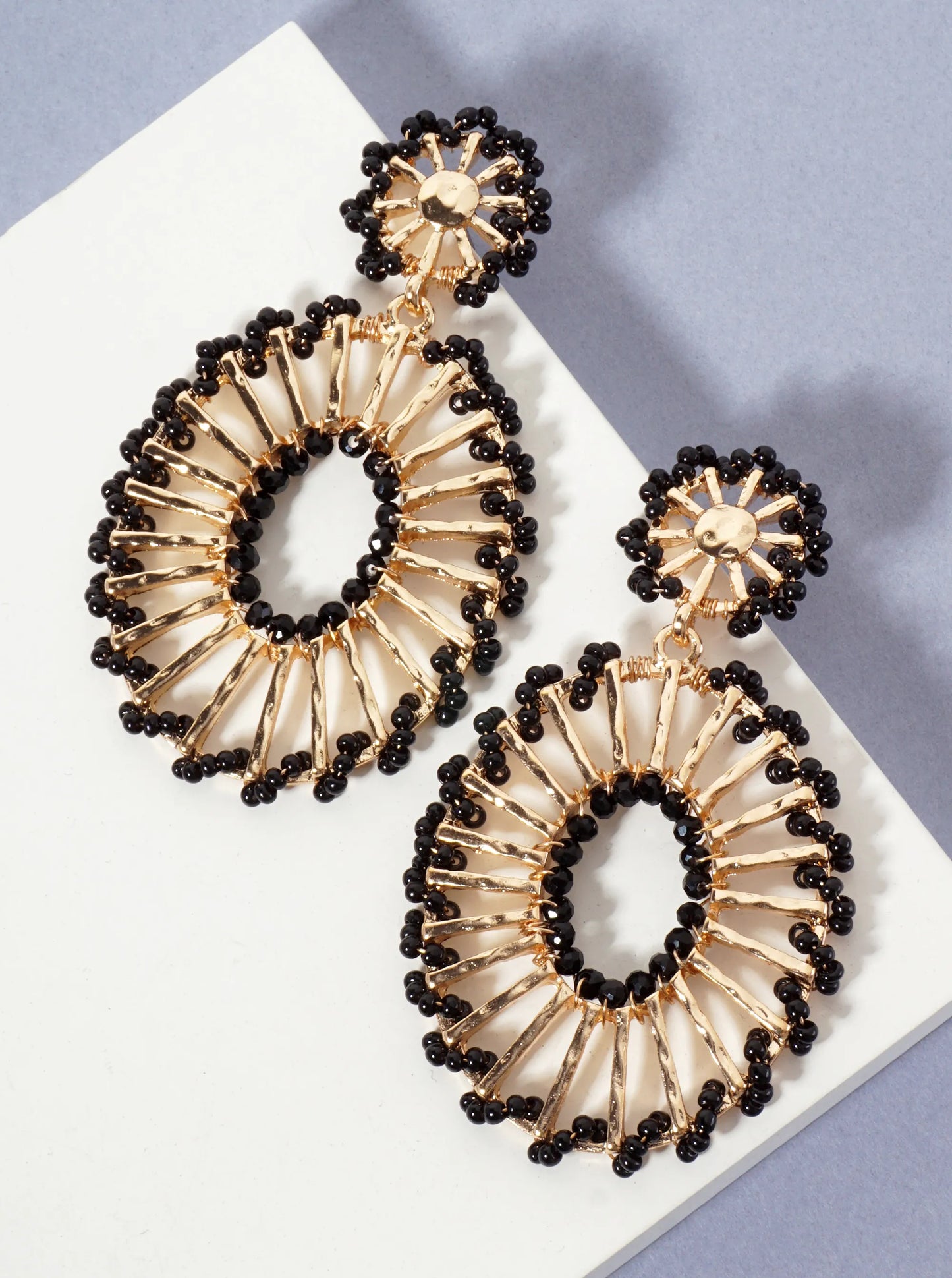 Seed-Beads Wrapped Hammered-Texture Oval Drop Earrings