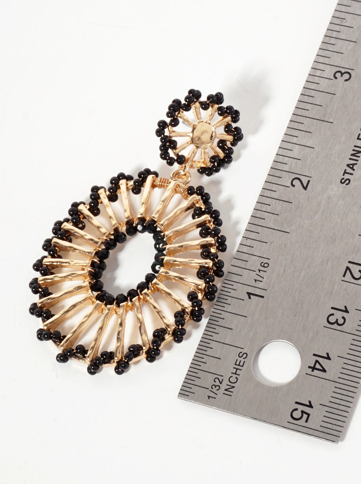 Seed-Beads Wrapped Hammered-Texture Oval Drop Earrings
