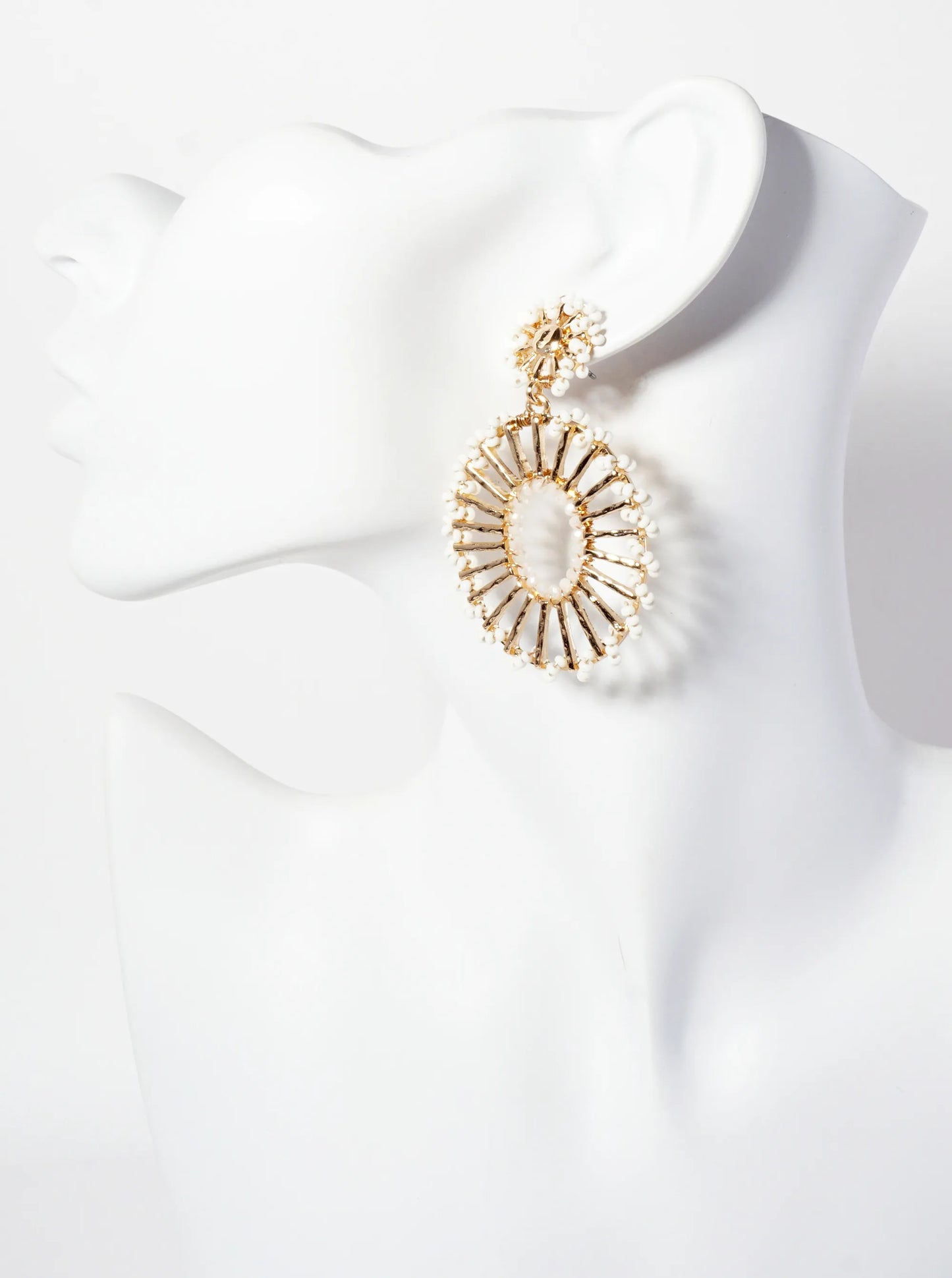 Seed-Beads Wrapped Hammered-Texture Oval Drop Earrings