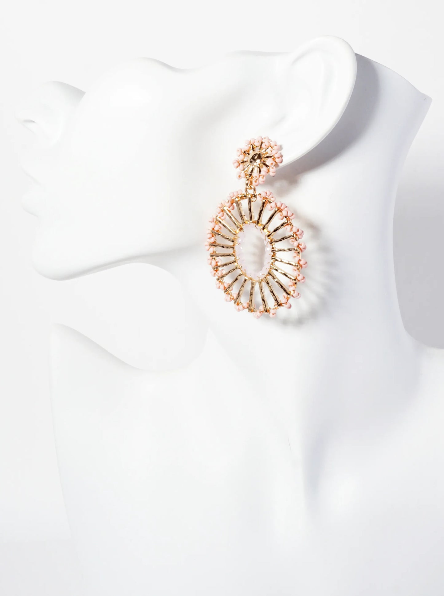 Seed-Beads Wrapped Hammered-Texture Oval Drop Earrings