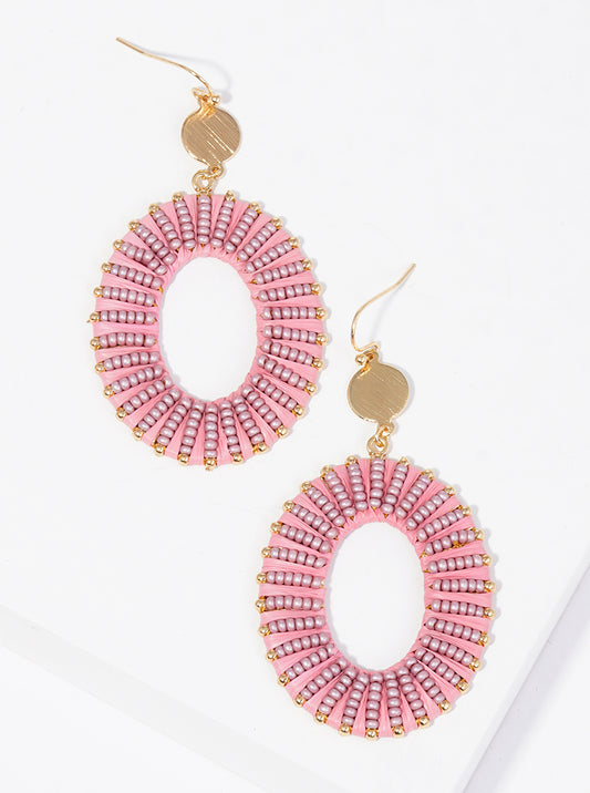 Seed Bead And Raffia Wrapped Oval Dangle Drop Earrings