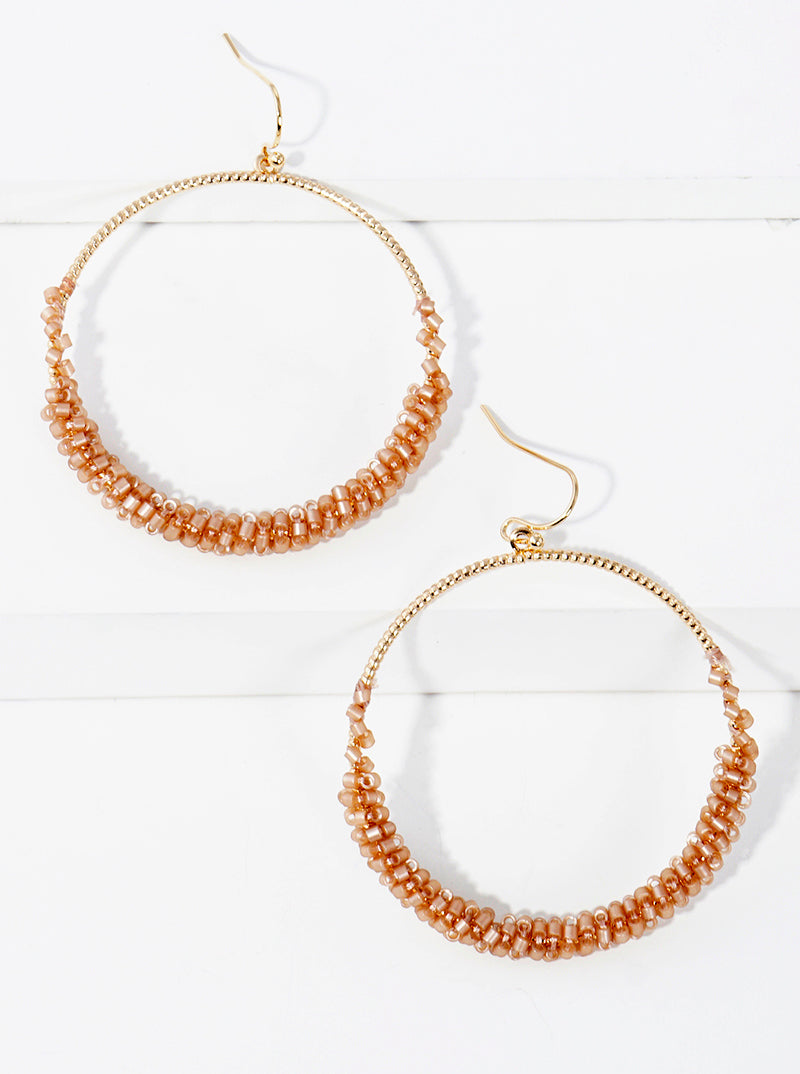 Seed Bead Wrapped Textured Circle Dangle Drop Earrings