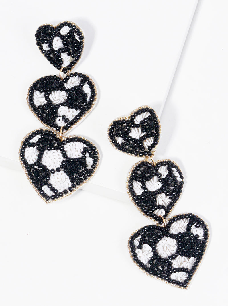Seed Beaded 3-heart Baseball Lover Dangle Drop Earrings