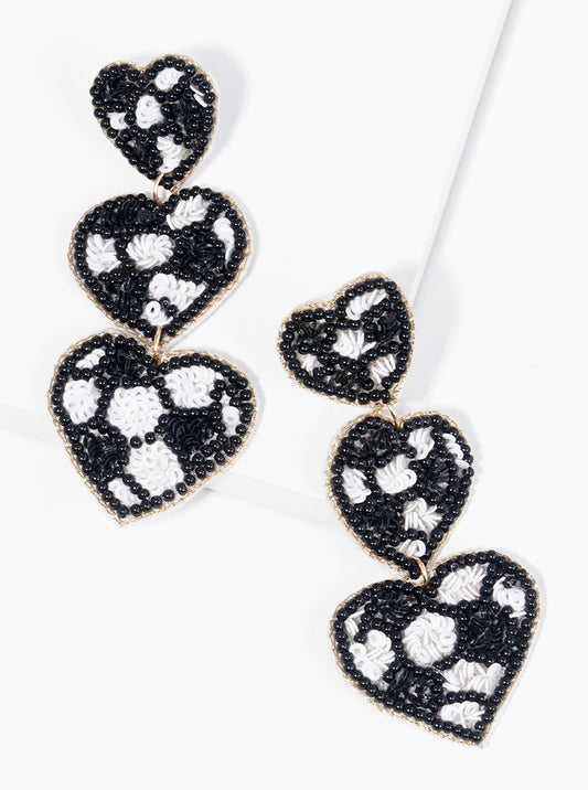 Seed Beaded 3-heart Baseball Lover Dangle Drop Earrings