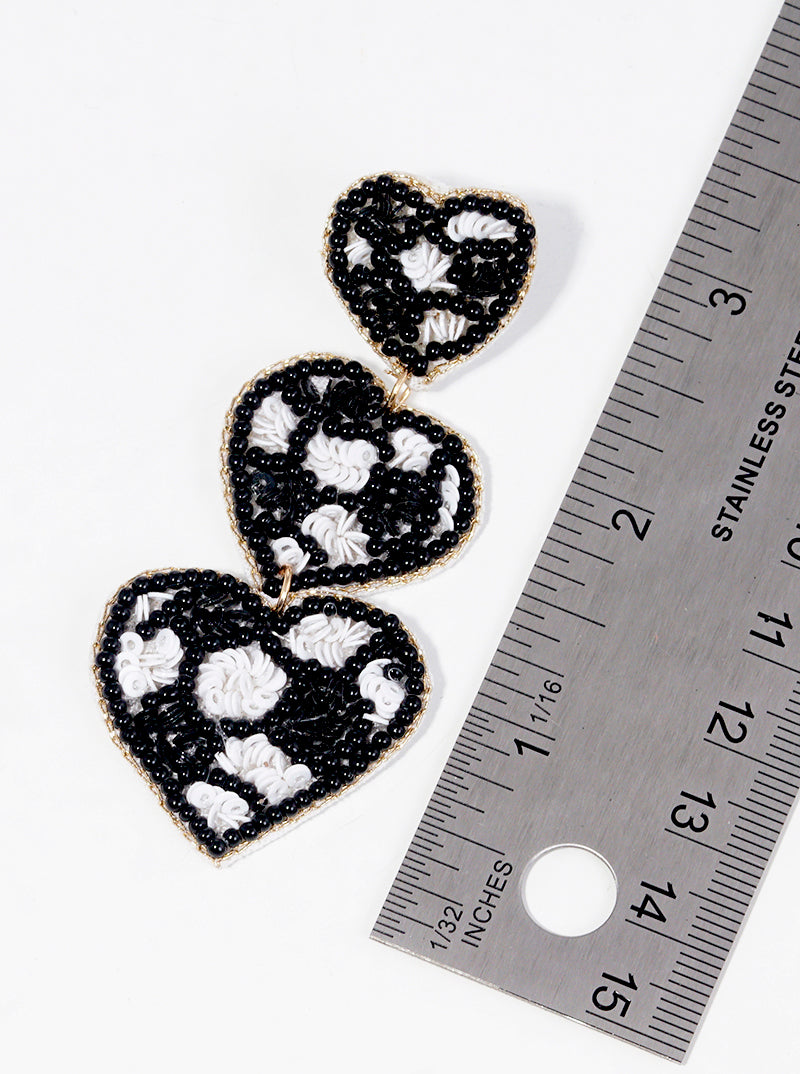 Seed Beaded 3-heart Baseball Lover Dangle Drop Earrings