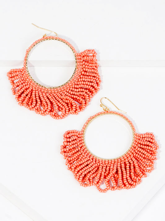 Seed Beaded Circle With Fringe Fish Hook Dangle Drop Earrings