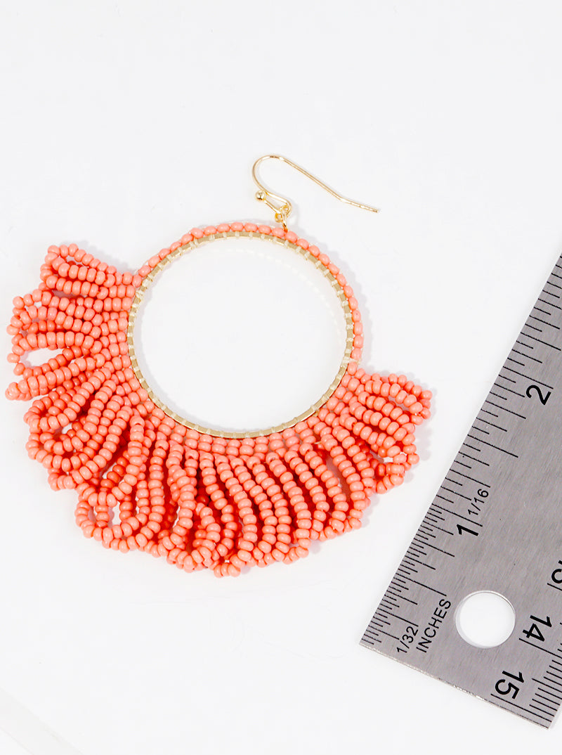 Seed Beaded Circle With Fringe Fish Hook Dangle Drop Earrings