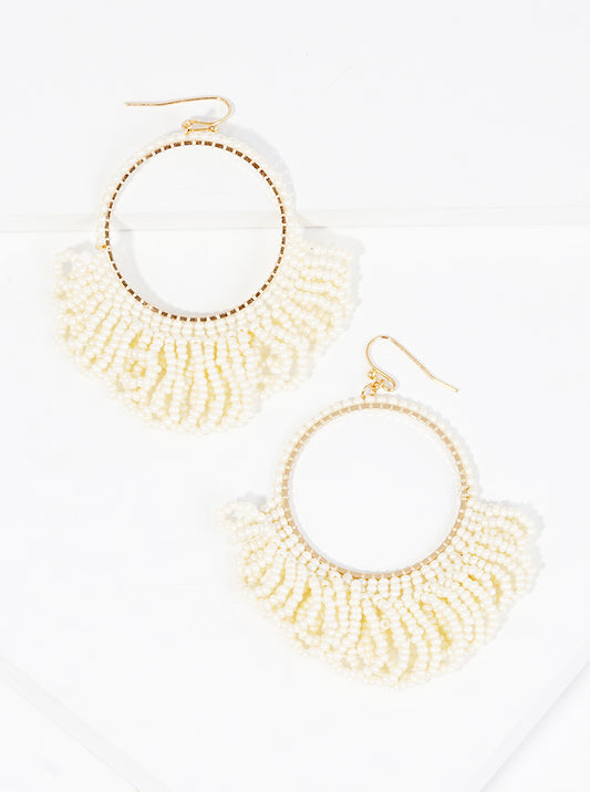 Seed Beaded Circle With Fringe Fish Hook Dangle Drop Earrings