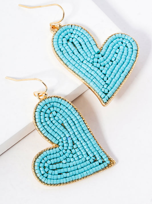 Seed Beaded Heart Dangle Drop Earrings