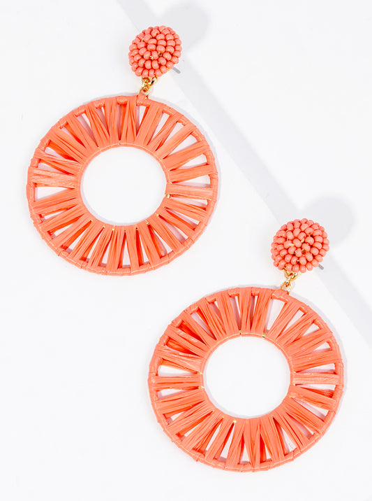 Seed Beaded Hemisphere With Raffia Wrapped Circle Dangle Drop Earrings