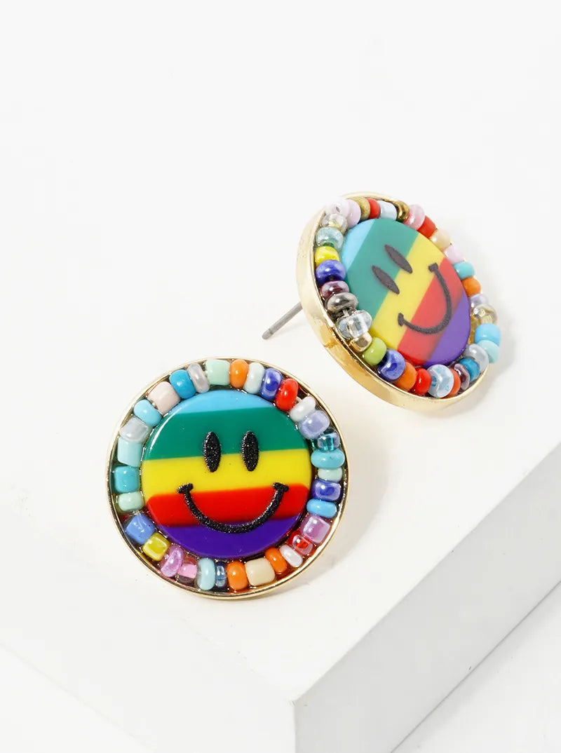 Seed Beaded Smiley Face Post Stud Earrings