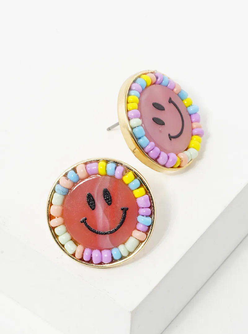 Seed Beaded Smiley Face Post Stud Earrings