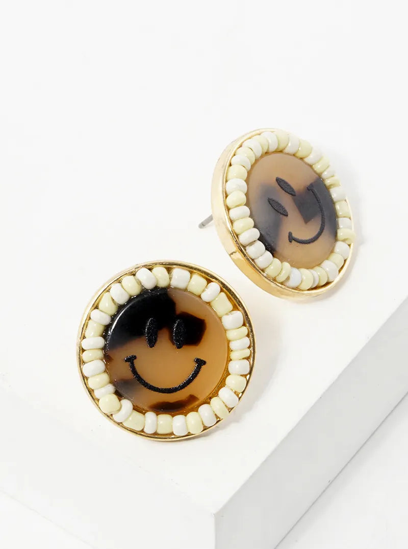 Seed Beaded Smiley Face Post Stud Earrings