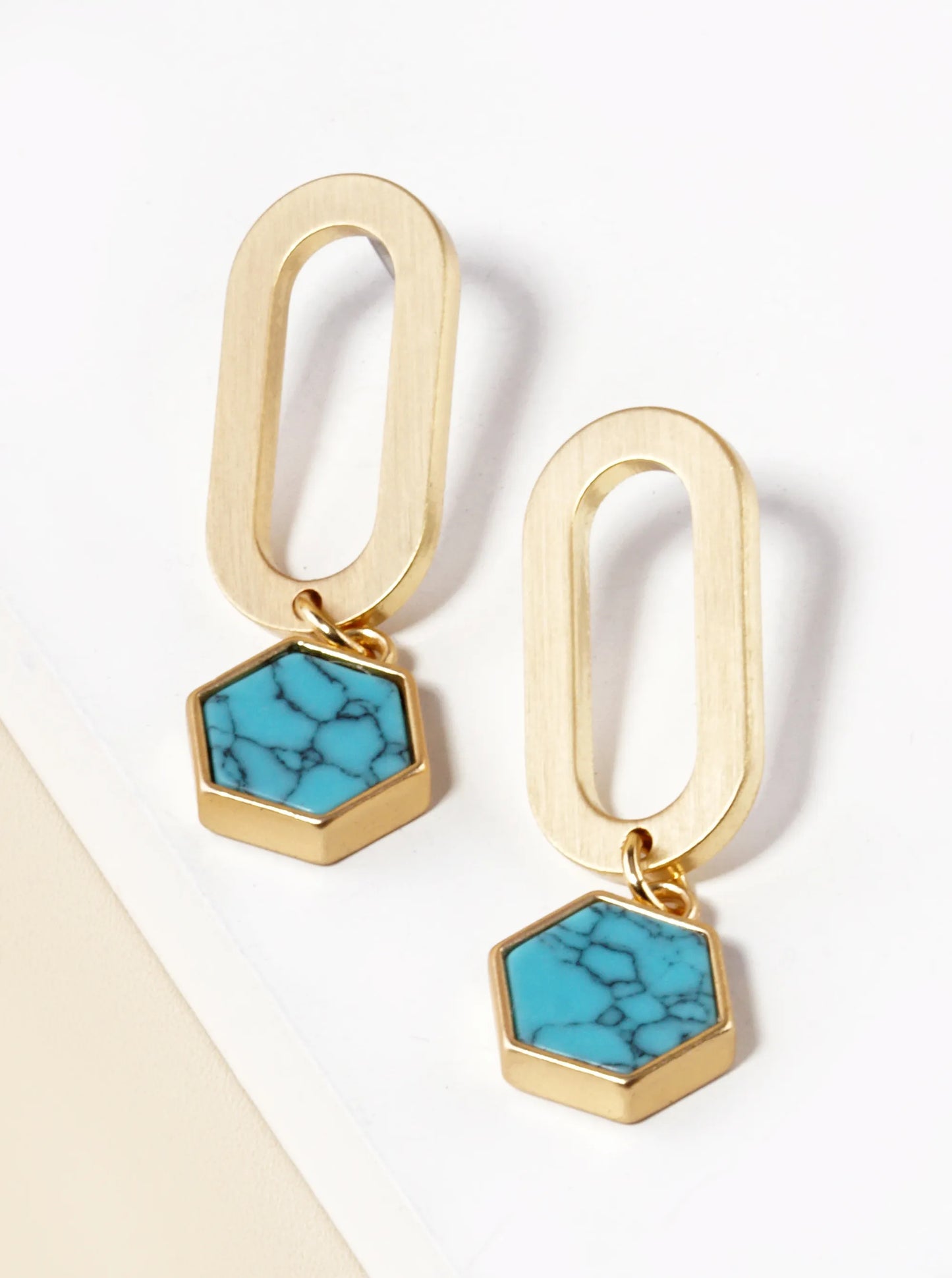 Semi-Precious Hexagon Stone Drop Oval Post Earrings