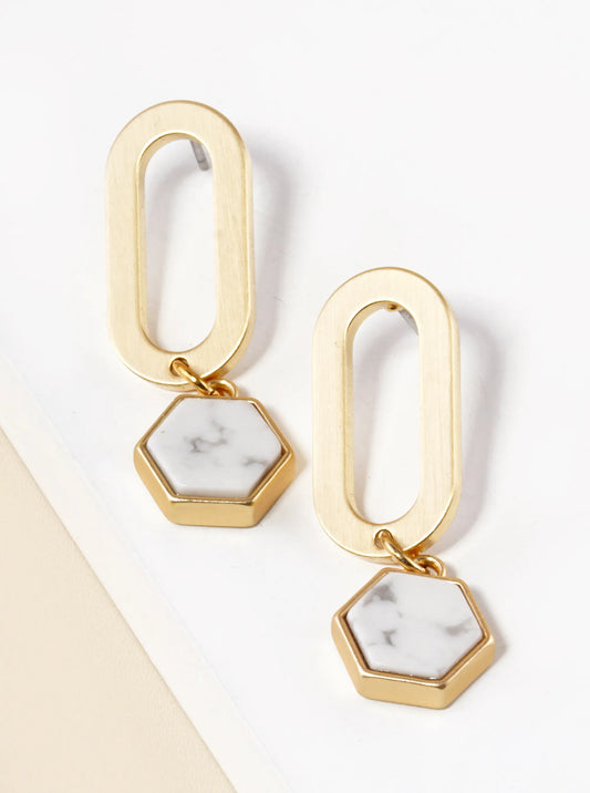 Semi-Precious Hexagon Stone Drop Oval Post Earrings