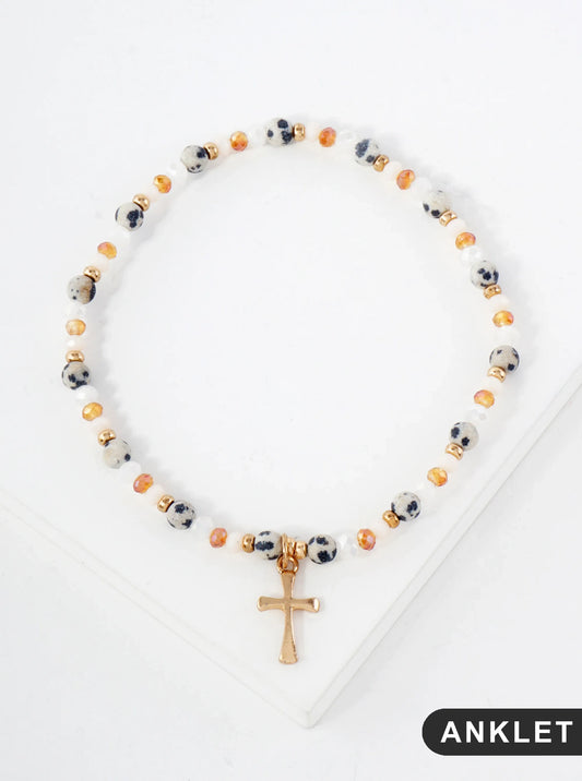 Semi-Precious Natural-Stone Beaded Cross Charm Stretch Anklet