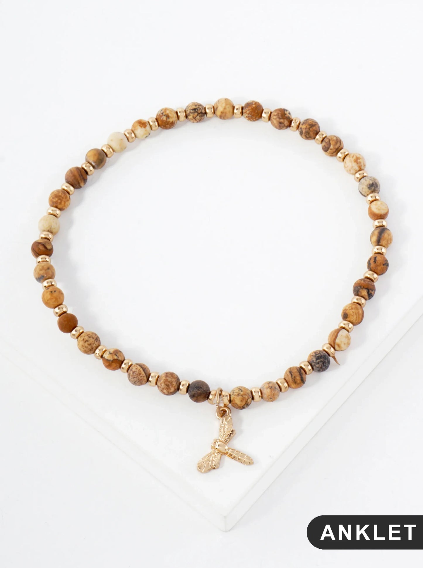 Semi-Precious Natural-Stone Beaded Dragonfly Charm Stretch Anklet