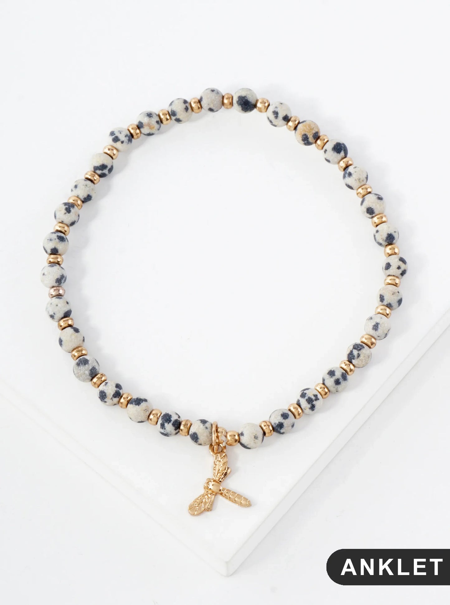 Semi-Precious Natural-Stone Beaded Dragonfly Charm Stretch Anklet
