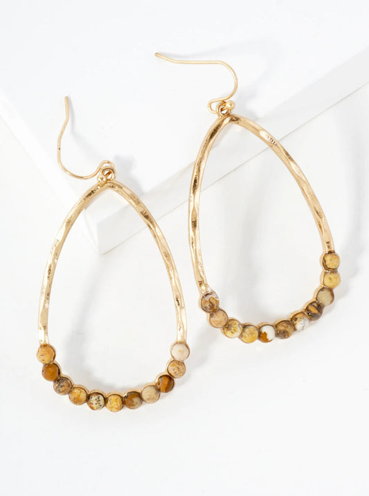 Semi-Precious Natural-Stone Beaded Hammered-Texture Teardrop Dangle Earrings