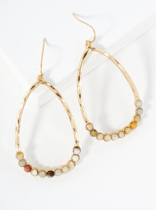 Semi-Precious Natural-Stone Beaded Hammered-Texture Teardrop Dangle Earrings