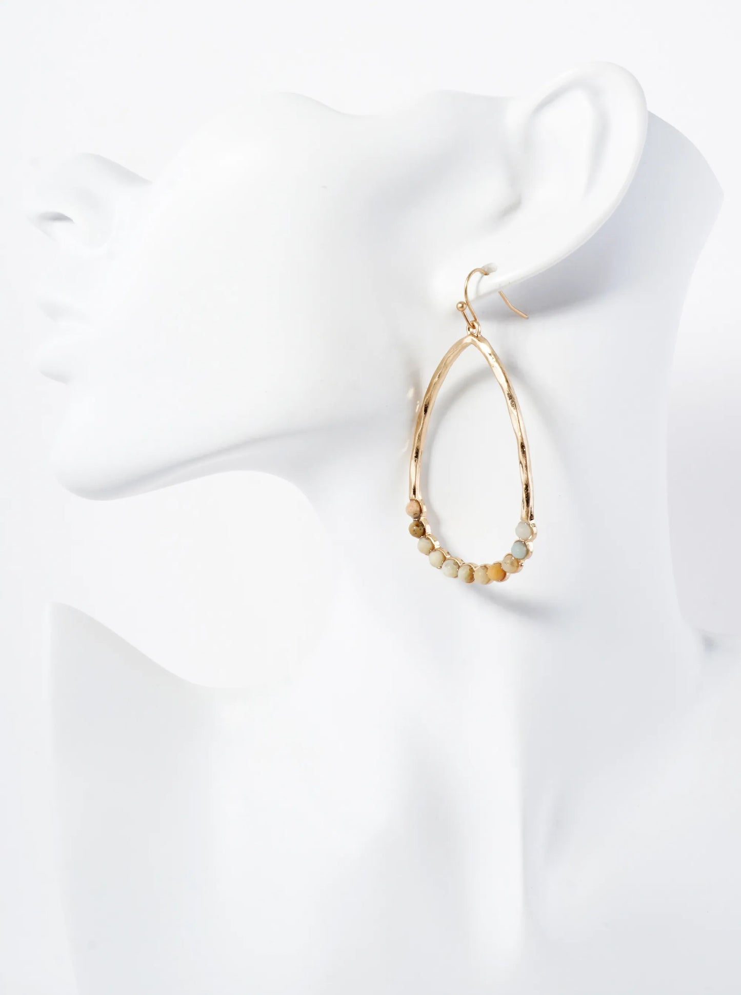 Semi-Precious Natural-Stone Beaded Hammered-Texture Teardrop Dangle Earrings