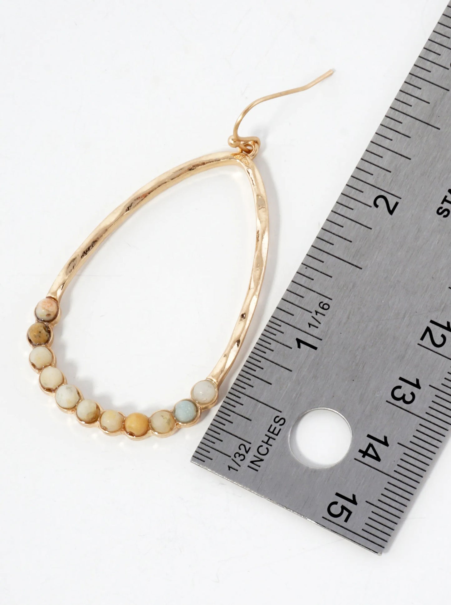 Semi-Precious Natural-Stone Beaded Hammered-Texture Teardrop Dangle Earrings