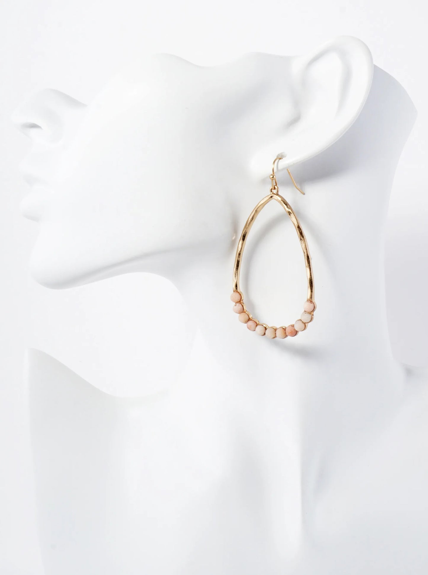 Semi-Precious Natural-Stone Beaded Hammered-Texture Teardrop Dangle Earrings