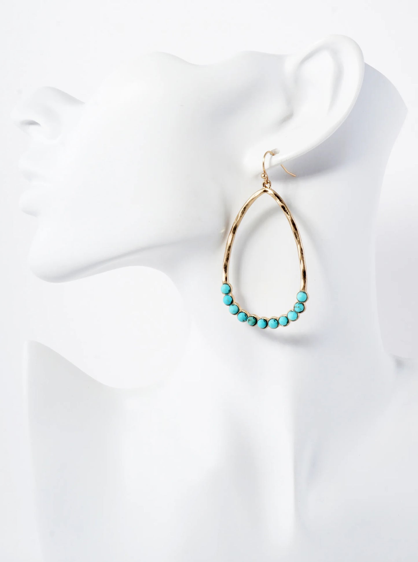 Semi-Precious Natural-Stone Beaded Hammered-Texture Teardrop Dangle Earrings
